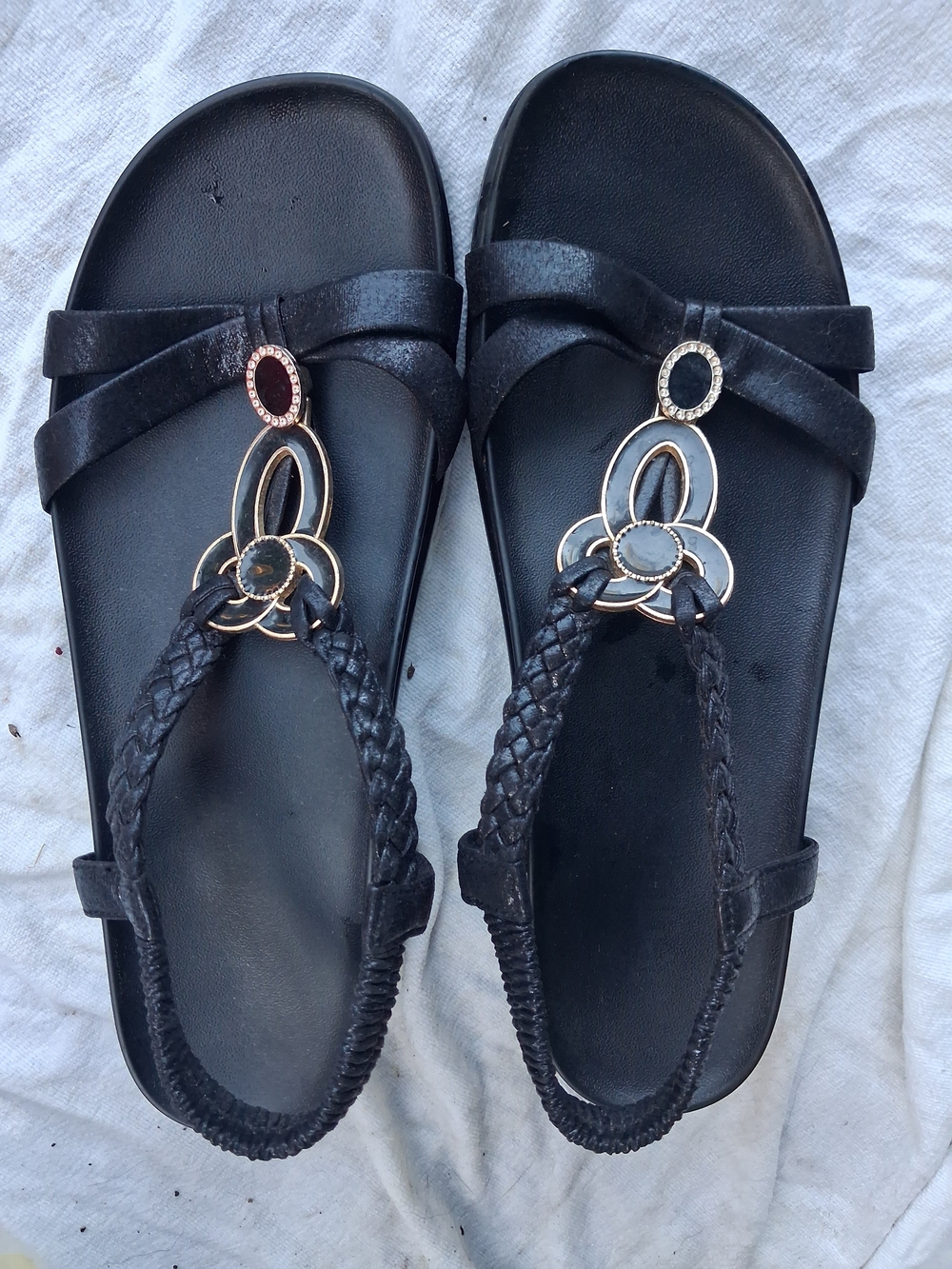 Alegria Black Braided Thong Sandals with Gold Accents - Picture 3 of 3
